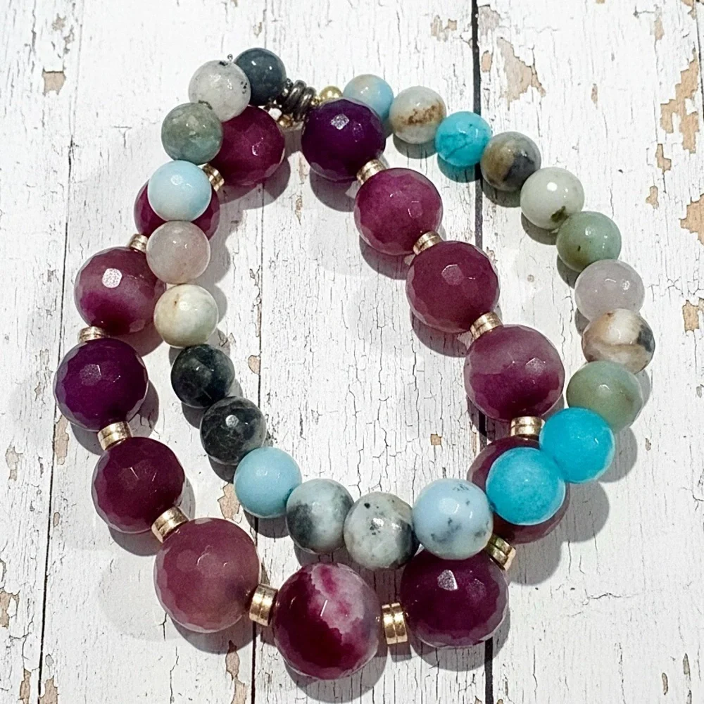 Faceted Purple & Blue Agate with Gold Hematite Double Strand Beaded Bracelet - Picture 1 of 1